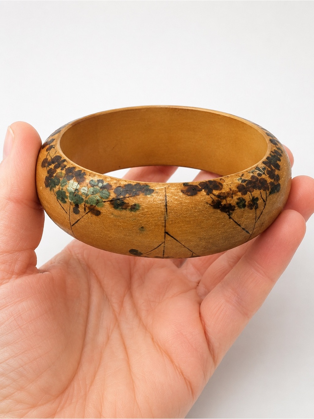 Vintage Hand-Painted Wooden Floral Wide Bangle Bracelet - Picture 3 of 6